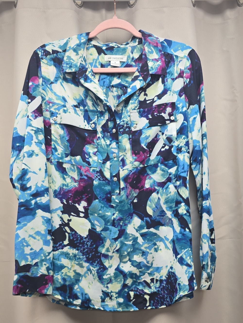 Liz Claiborne Blue Teal Floral Button-Front Shirt
